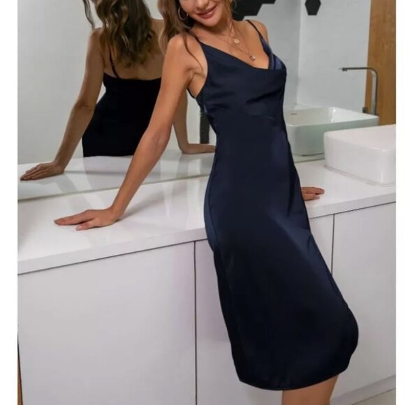 d&m Dresses & Skirts - d&m New Satin Slip Dress Spaghetti Strap Slit Navy Blue Silky Sexy Size Medium
